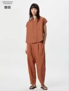 リネンブレンドフリルブラウス 半袖 &バレルレッグパンツ　オレンジ