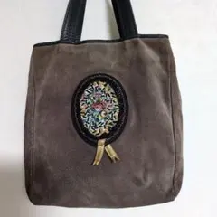 スエード　ゴブラン織りビーズ装飾付きトートバッグ