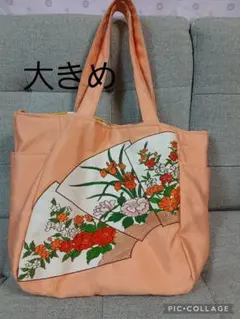 帯リメイク大きめ肩掛けバック　オレンジ 花柄刺繍