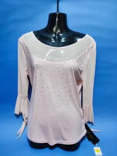 新品　ピンク ビジュー付き フレアスリーブ ダンスTシャツ