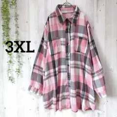 【3XL】オーバーサイズ ネルシャツ ピンク グレー チェック柄 ゆるだぼ