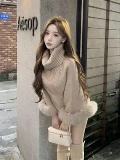 SHEIN ニット オフショル ワンホン フェイクファー カーキ S