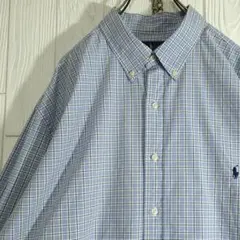 人気 ラルフローレン 長袖シャツ 2XL ブルー チェック ボタンダウン 古着