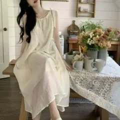 【人気商品】レディース　L　ホワイト　ワンピース　リゾート風　ゆるめ　デート