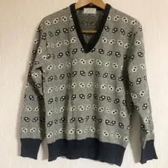 白黒 ウール長袖ニット 幾何学柄モノトーンVネックセーター グレー ブラック 黒