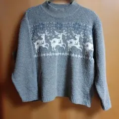 ボア風グレー鹿柄長袖セーター