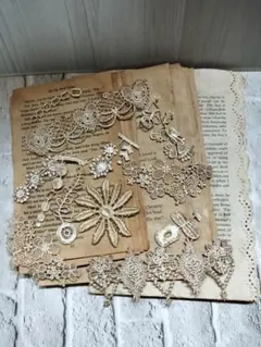 コーヒー染め洋書ペーパー30枚　レース　ジャンクジャーナル　コラージュ