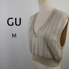 GU　ジャガードクロップドニットベスト　M　ベージュ　レトロ柄