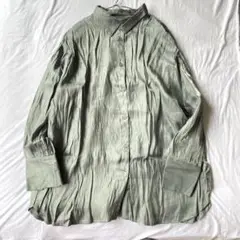 【アンリュール】ボタンシャツ チュニック丈 フルボタン 肩ギャザー 光沢 長袖F
