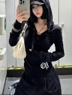 SHEIN⌇﻿フード付き長袖トップス ブラック