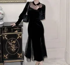 エレガント ブラックベルベットドレス