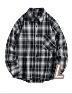 【長袖シャツ】新品・Lサイズ《白×黒チェック柄》ゆったりフィット■大人チェック