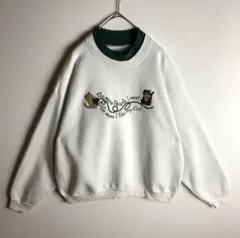 【スウェット　アニマル刺繍　猫　ネックグリーン　くすみ感　ゆるだぼ　古着】
