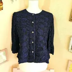 昭和レトロ ヴィンテージ 日本製ネイビー 花柄レース ノーカラージャケット