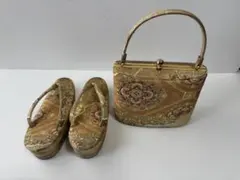 金色花柄和装バッグと草履セット