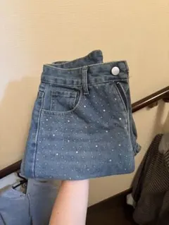 ラインストーン ワイドデニムパンツ