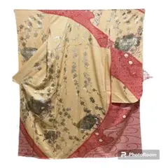 22145 【即購入OK】振袖　ベージュ系　糸桜　檜扇　セット可能　【即発送】