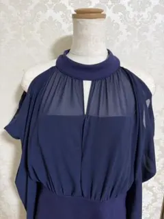 ネイビー オフショルダードレープミニドレス