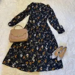 美品✨niko and ... 　ノーカラーワンピース　ネイビー　花柄　L