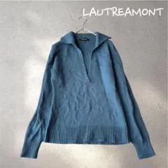 786＊ロートレアモン【M】セーター　美品　長袖　Vネック　ブルー　ウール　リブ