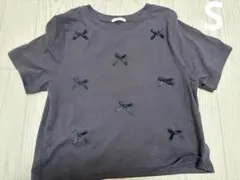 リボンダークグレー 半袖Tシャツ S