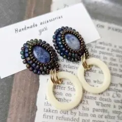 ビーズ刺繍 ピアス（イヤリング） 天然石 大ぶり 揺れる ハンドメイド