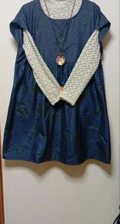 着物リメイク　紬　ギャザー切替ワンピース　フレンチスリーブ 正絹　ハンドメイド