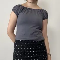 ★オフショルダー グレーTシャツ シャーリング パフスリーブ パープル★