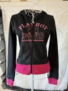 PLAYBOY ジップアップパーカー 黒/ピンク 印刷写真＋シール付