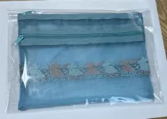 近沢レース　メッシュ小物/Ｗファスナーポーチ/うさぎ/ブルー/新品未使用品