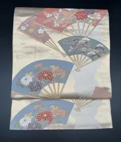 高級 正絹 袋帯 礼装 フォーマル 洒落帯　花柄　扇子　金糸　412