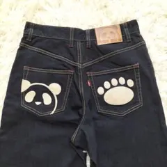パンディエスタ 熊猫謹製 肉球＆パンダ刺繍 ストレッチデニムパンツ 濃紺のサムネイル