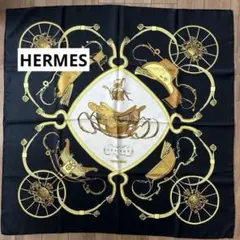 HERMÈS SPRINGS エルメス シルクスカーフ 黒/金 カレ90