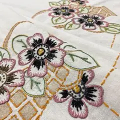 フランス アンティーク ヴィンテージ テーブルクロス 花柄 リネン 手刺繍