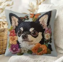 新品未開封 クッションカバー チワワ 犬　刺繍風　立体プリント