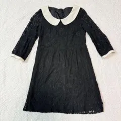MUGLA レースワンピース 襟付き 七分袖 上品 黒 Mサイズ モノトーン