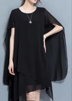 ブラック シフォン アシンメトリックドレス　ブラックフォーマル　XL