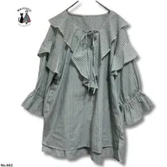 フリル　ブラウス　シャツ　ストライプ　ブルー系　大きいサイズ　3L 体系カバー