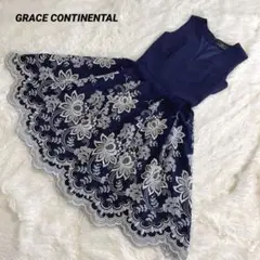 美品　グレースコンチネンタル　ネイビー　花柄刺繍　フレアワンピース　Aライン