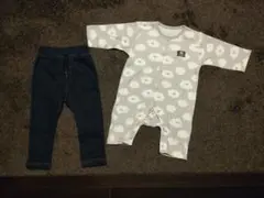 【2点セット】雲柄ロンパースとデニムパンツセット