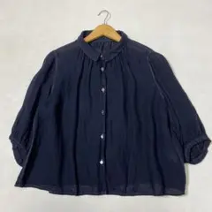 【群言堂　根々　石見銀山】リネン　ワンピース　千鳥柄♪　プルオーバー　ネイビー 群言堂 根々 石見銀山】リネン ワンピース 千鳥柄♪ プルオーバー