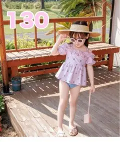 【新品】キッズ水着 130 女の子 オフショル ピンク 小花柄 ワンピース風