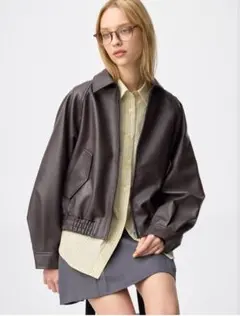 GU フェイクレザーハリントンジャケット ダークブラウンXL