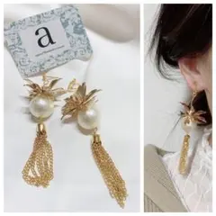 2334-1 ゴールド☺︎立体フラワーとパールタッセルのピアス☺︎