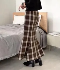 【LOWRYS FARM】ブラウンチェック プリーツマーメイドスカート