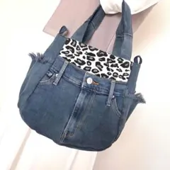 デニム リメイク　レオパード柄 トートバッグ　 ハンドメイド