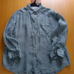 しまむら　グリーンの透け感長袖シャツ　Size　L