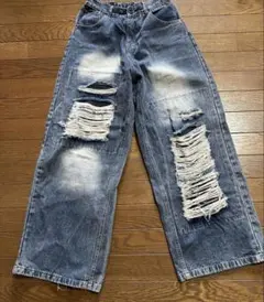 デニム　ダメージ加工 インディゴブルーワイドパンツ