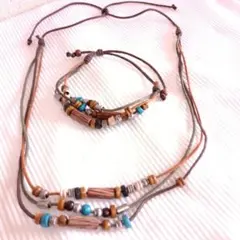 ナチュラルウッド＆ターコイズビーズネックレス＋ブレスレット　2点セット