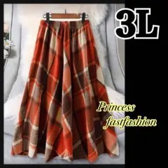 【3L／オレンジ】ネル素材 フレア チェック柄 ロングスカート 大きいサイズ